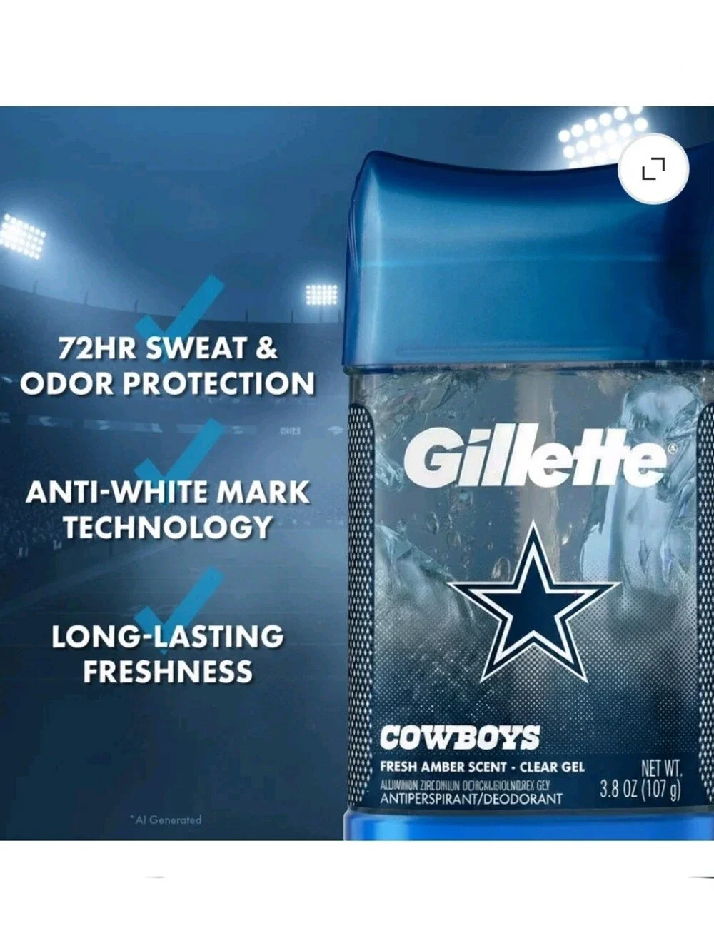 ⭐4/$15 Gillette Dallas Cowboys Clear Gel Deodorant Fresh Amber Scent